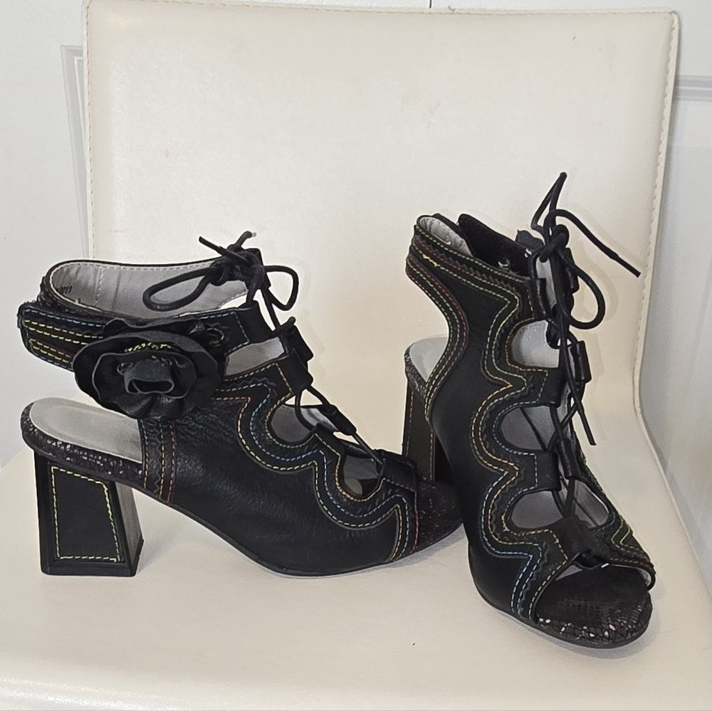 Black Lace-Up Heels with Multicolor Stitching